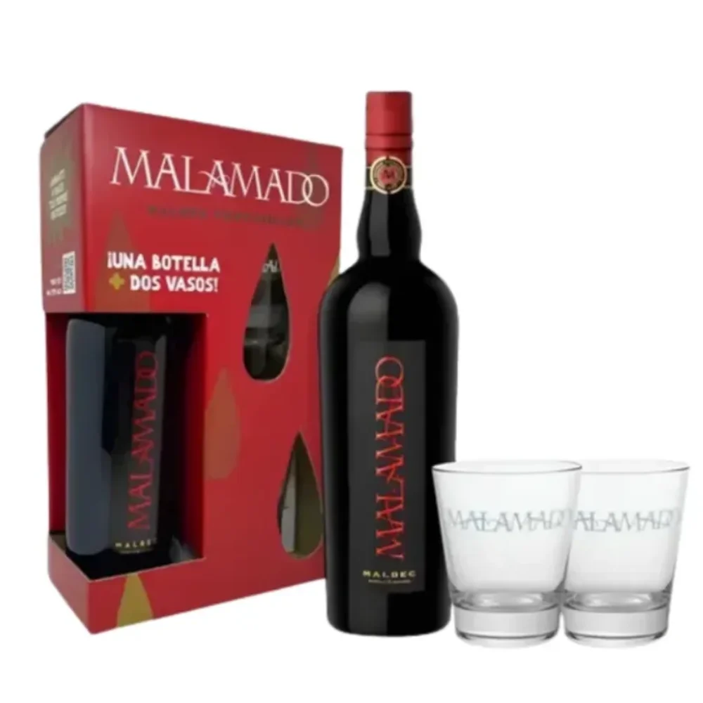 Estuche Malamado Malbec 750ML + 2 Vasos London