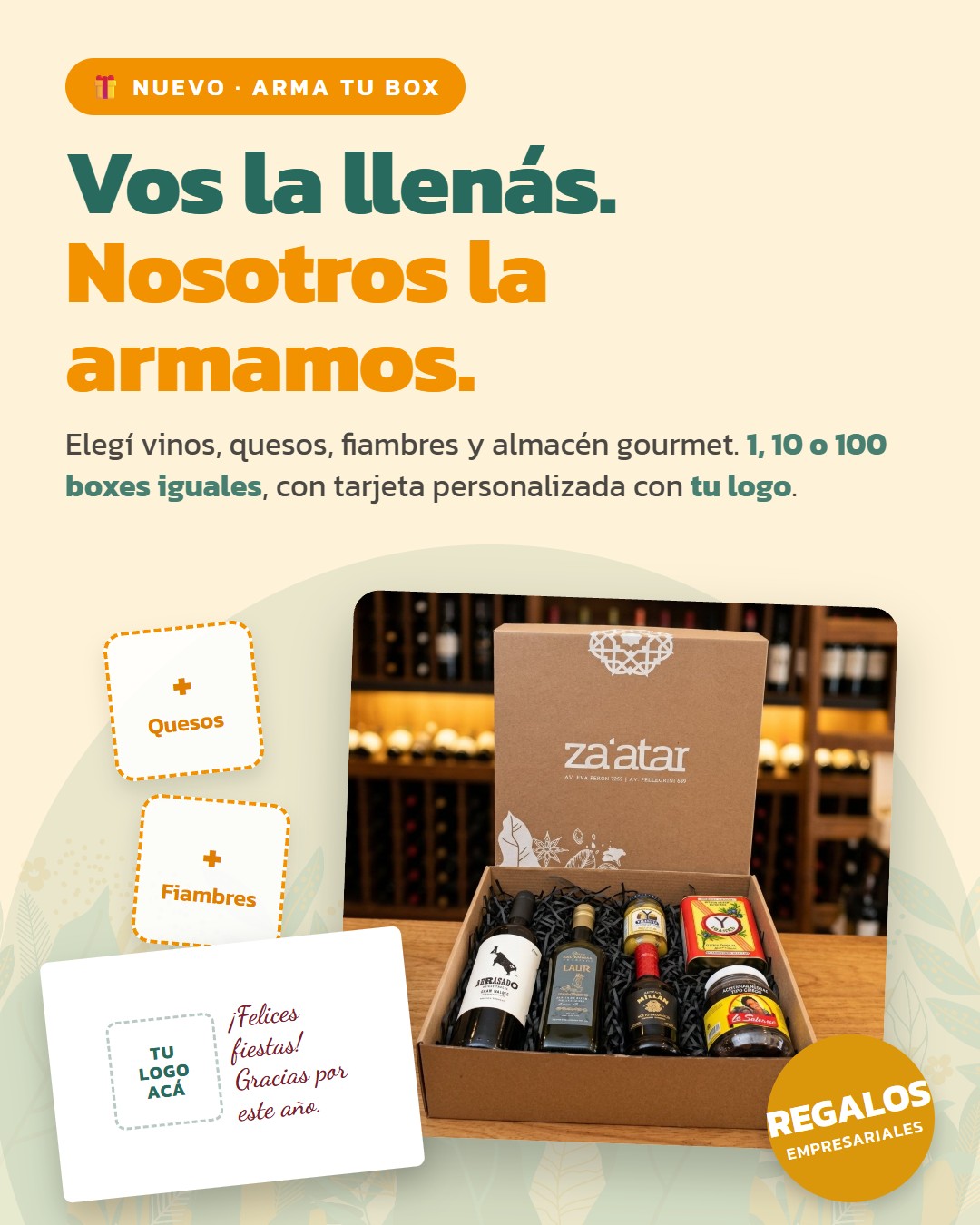 Arma tu BOX de za'atar: vos la llenás, nosotros la armamos. Regalos empresariales con tarjeta personalizada con tu logo.